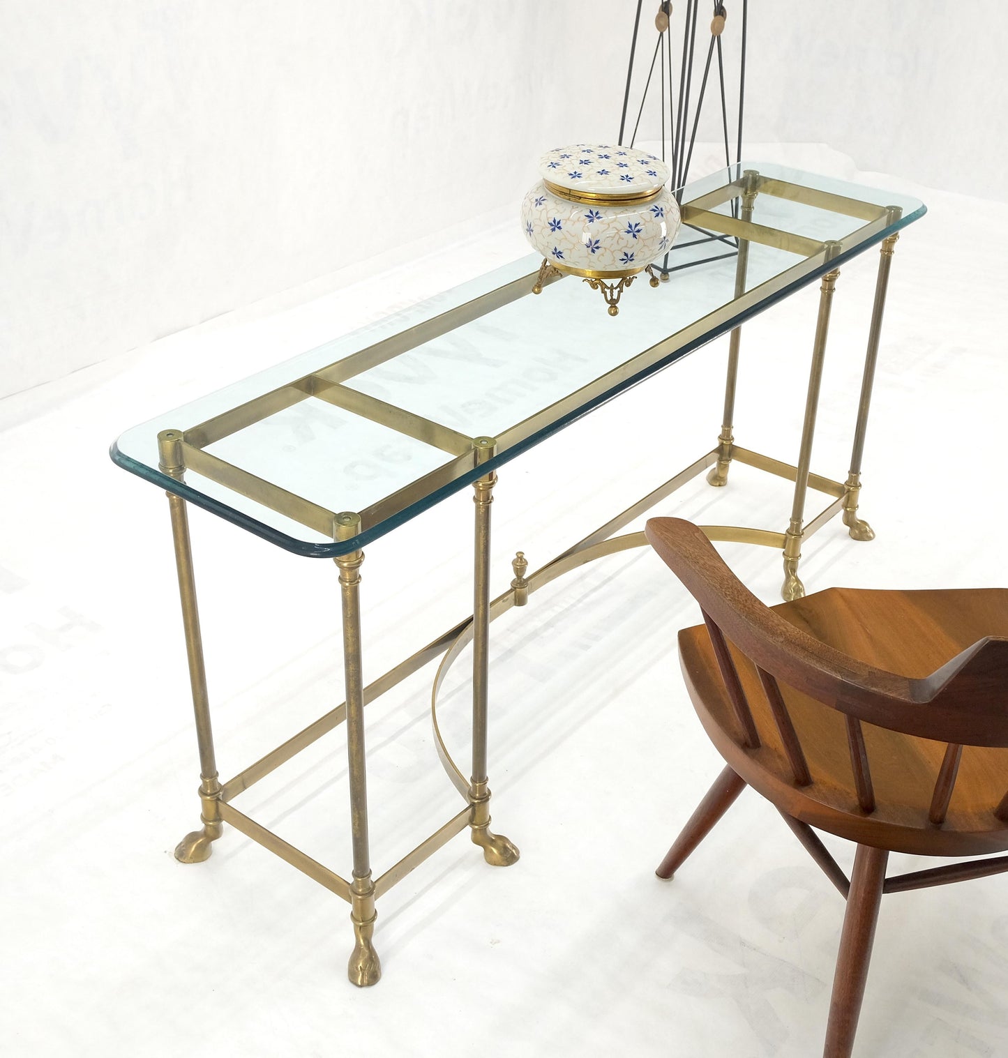 Solid Brass Hoof Feet Beveled Glass Top Console Sofa Dressing Vanity Table MINT!