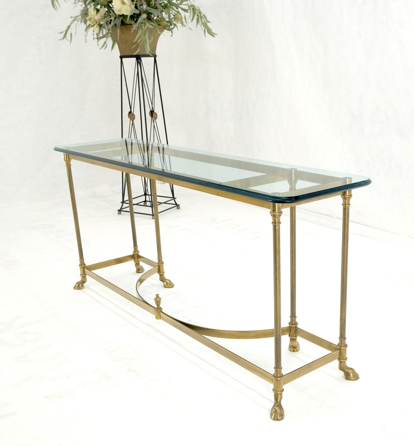 Solid Brass Hoof Feet Beveled Glass Top Console Sofa Dressing Vanity Table MINT!