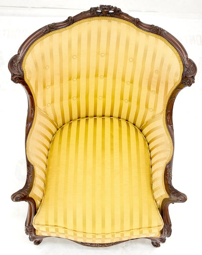 Striped Gold Upholstery Fine Deep Carved Mahogany Frame Lounge Chair Solid Frame