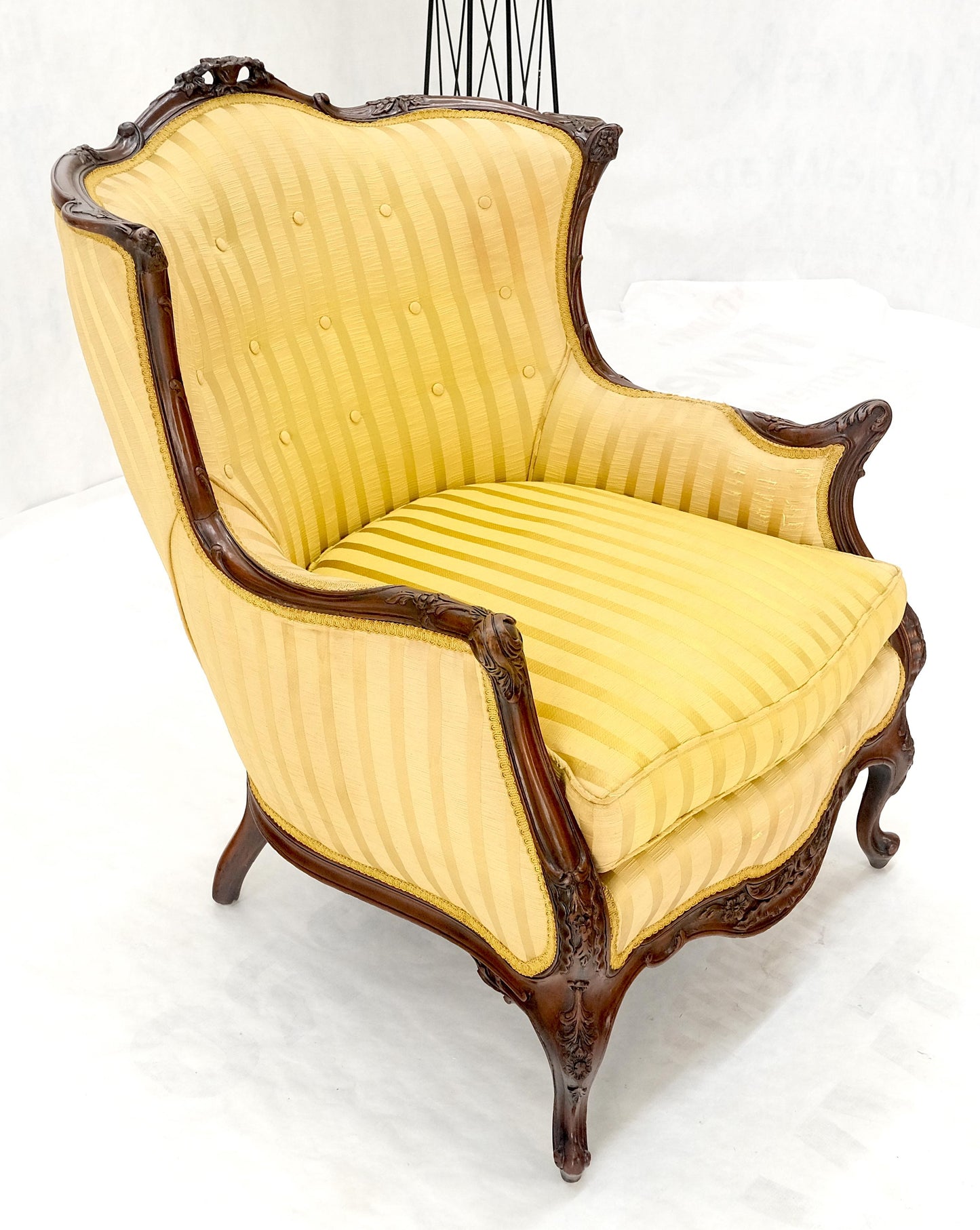 Striped Gold Upholstery Fine Deep Carved Mahogany Frame Lounge Chair Solid Frame