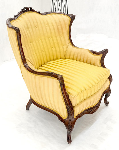 Striped Gold Upholstery Fine Deep Carved Mahogany Frame Lounge Chair Solid Frame