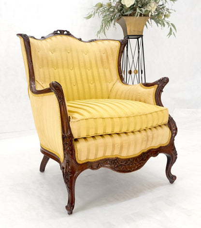 Striped Gold Upholstery Fine Deep Carved Mahogany Frame Lounge Chair Solid Frame