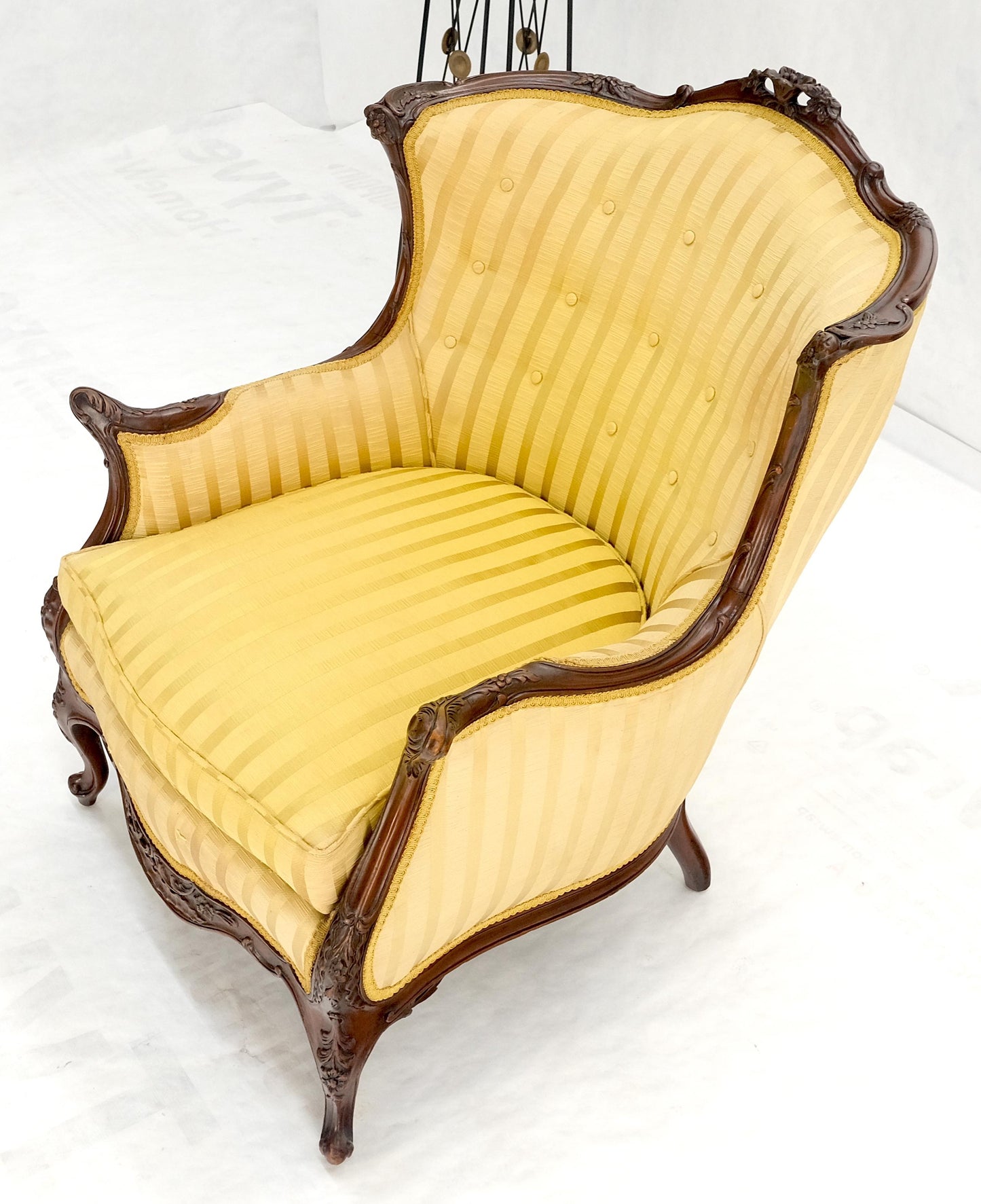 Striped Gold Upholstery Fine Deep Carved Mahogany Frame Lounge Chair Solid Frame