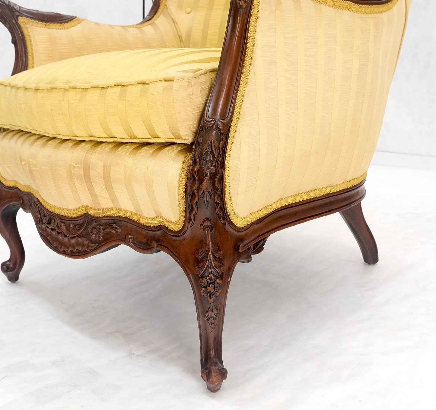 Striped Gold Upholstery Fine Deep Carved Mahogany Frame Lounge Chair Solid Frame