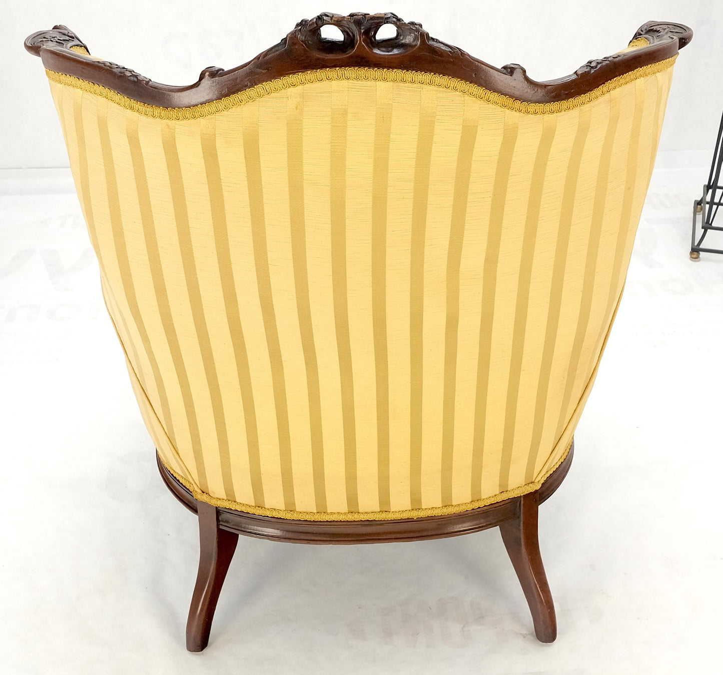 Striped Gold Upholstery Fine Deep Carved Mahogany Frame Lounge Chair Solid Frame