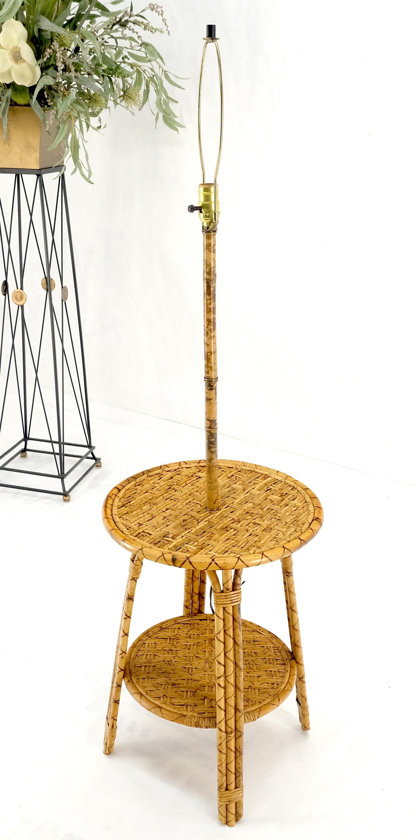 Bamboo Rattan c1970s 4 Legged Two Tier Round Side Table Floor Lamp MINT!