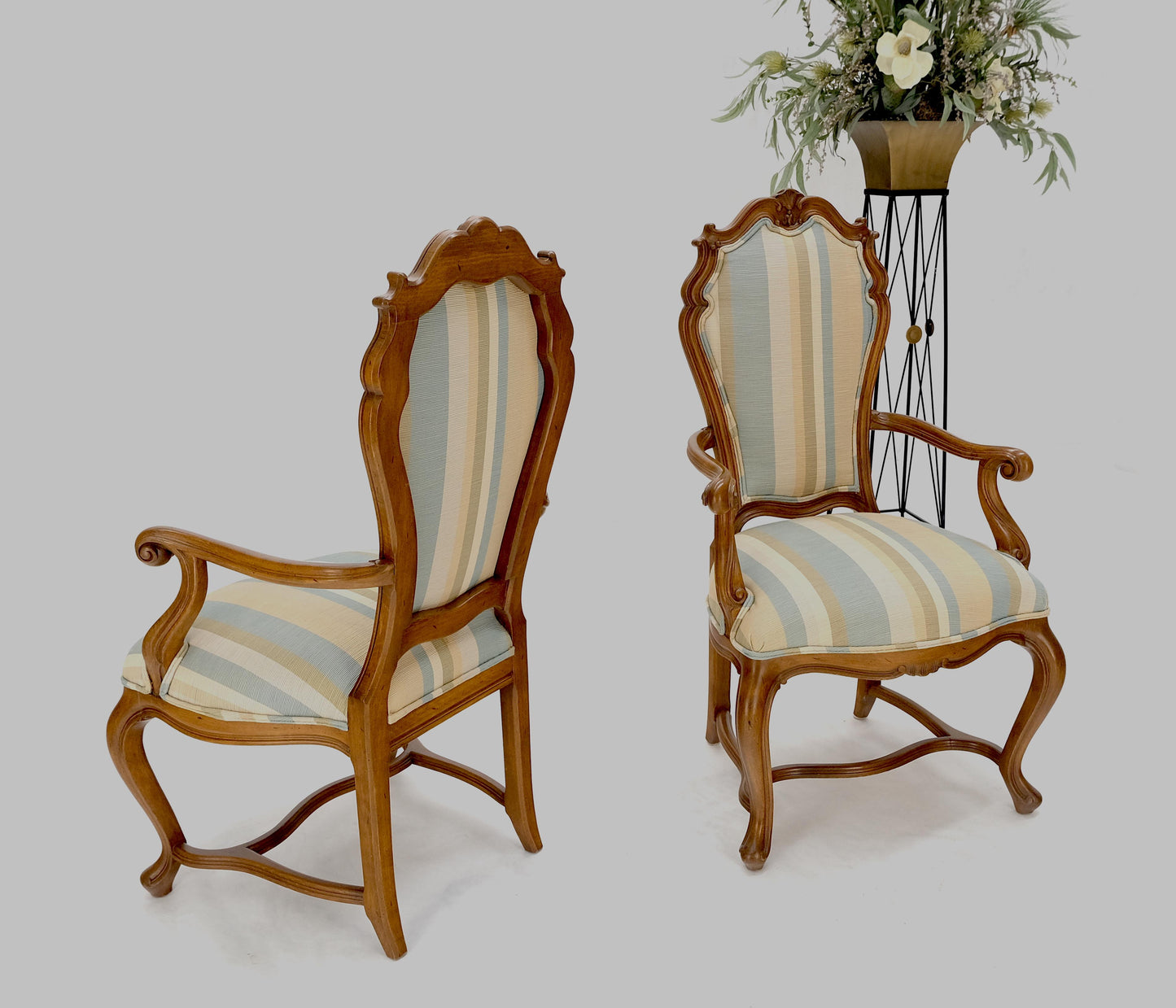 Pair Carved Striped Upholstery Tall Backs Carved Walnut Scallop Design Decorated