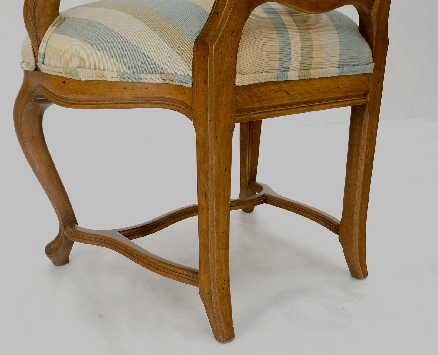 Pair Carved Striped Upholstery Tall Backs Carved Walnut Scallop Design Decorated