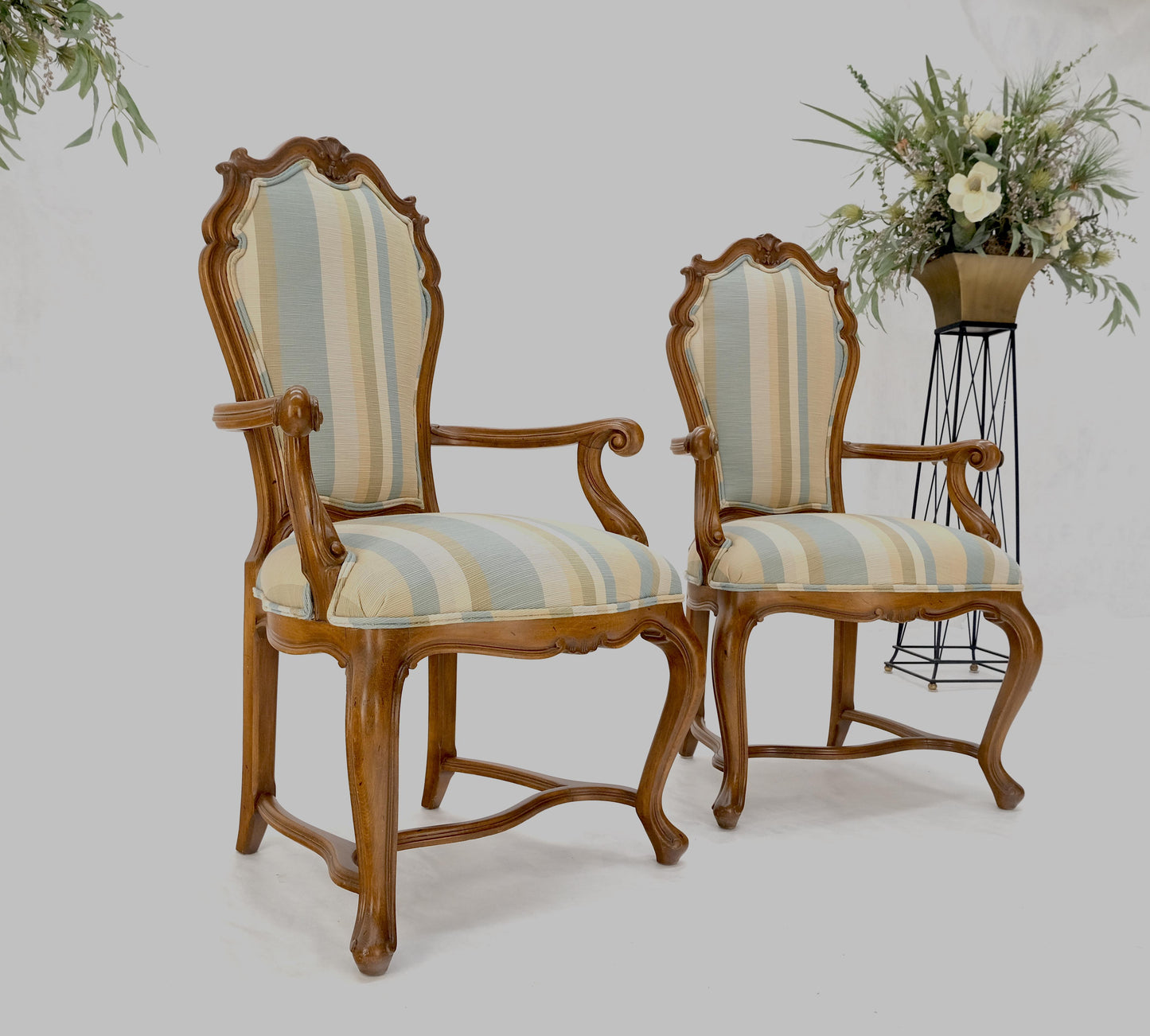 Pair Carved Striped Upholstery Tall Backs Carved Walnut Scallop Design Decorated