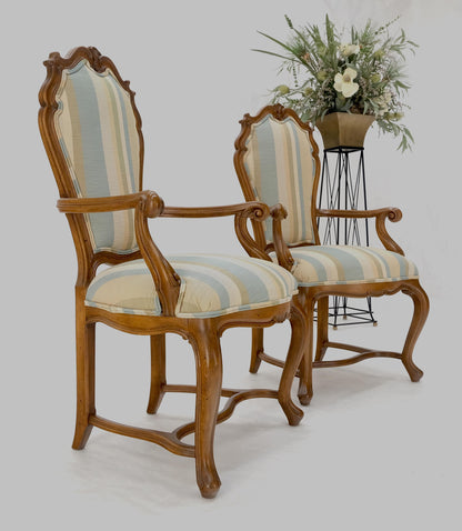 Pair Carved Striped Upholstery Tall Backs Carved Walnut Scallop Design Decorated