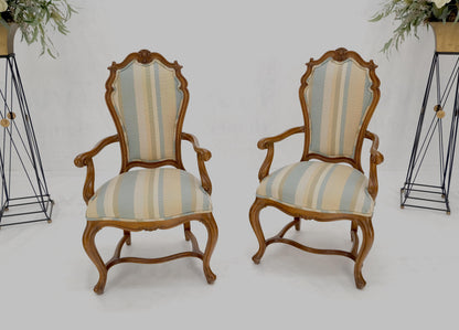 Pair Carved Striped Upholstery Tall Backs Carved Walnut Scallop Design Decorated