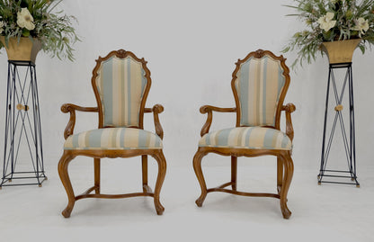 Pair Carved Striped Upholstery Tall Backs Carved Walnut Scallop Design Decorated