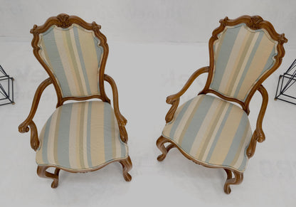 Pair Carved Striped Upholstery Tall Backs Carved Walnut Scallop Design Decorated