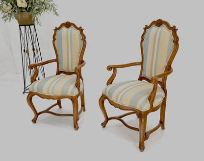 Pair Carved Striped Upholstery Tall Backs Carved Walnut Scallop Design Decorated