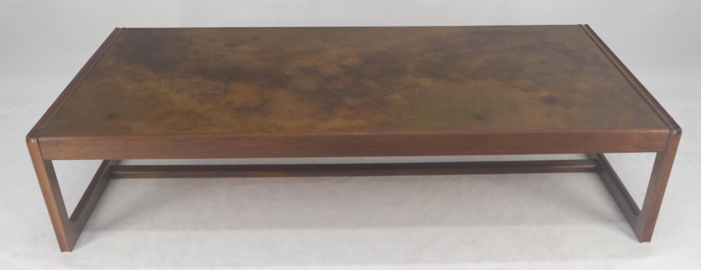 Large Rectangle Patinated Copper Top Oiled Walnut Frame 1970s Coffee Table MINT