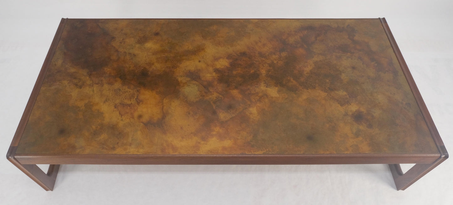 Large Rectangle Patinated Copper Top Oiled Walnut Frame 1970s Coffee Table MINT