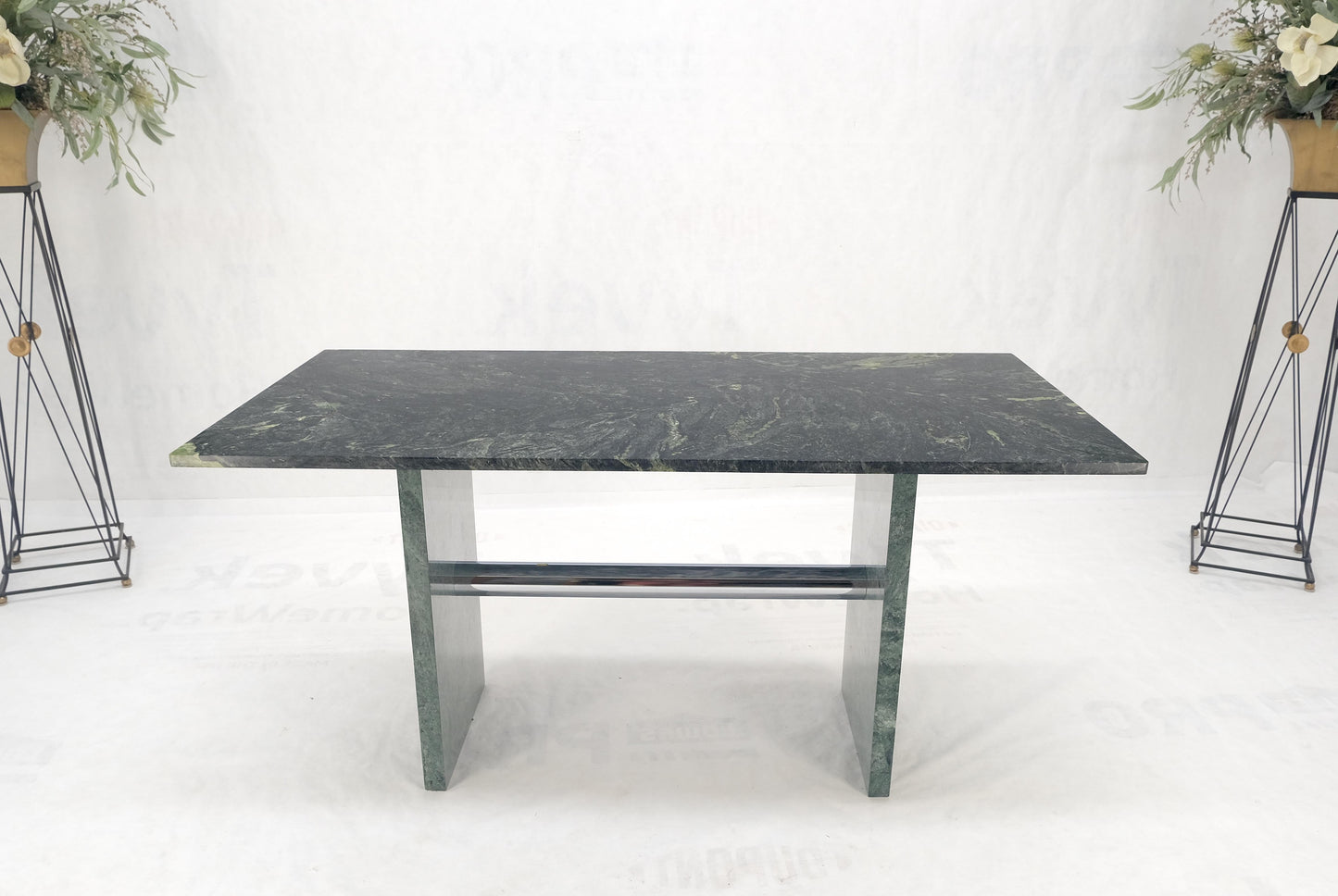 Green Rectangle Marble Top Cylinder Crome Stretcher Base Dining Table Desk MINT!