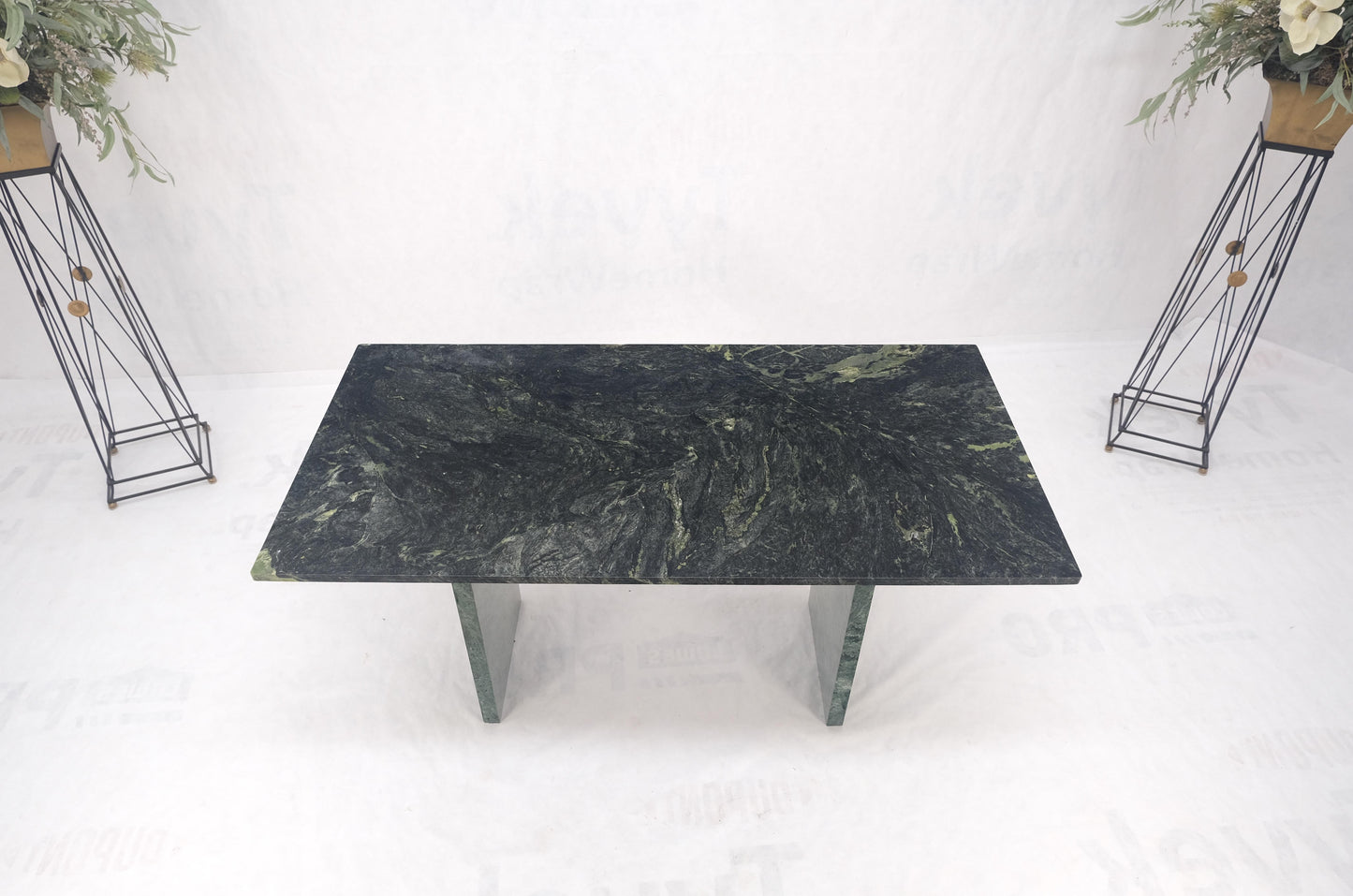 Green Rectangle Marble Top Cylinder Crome Stretcher Base Dining Table Desk MINT!