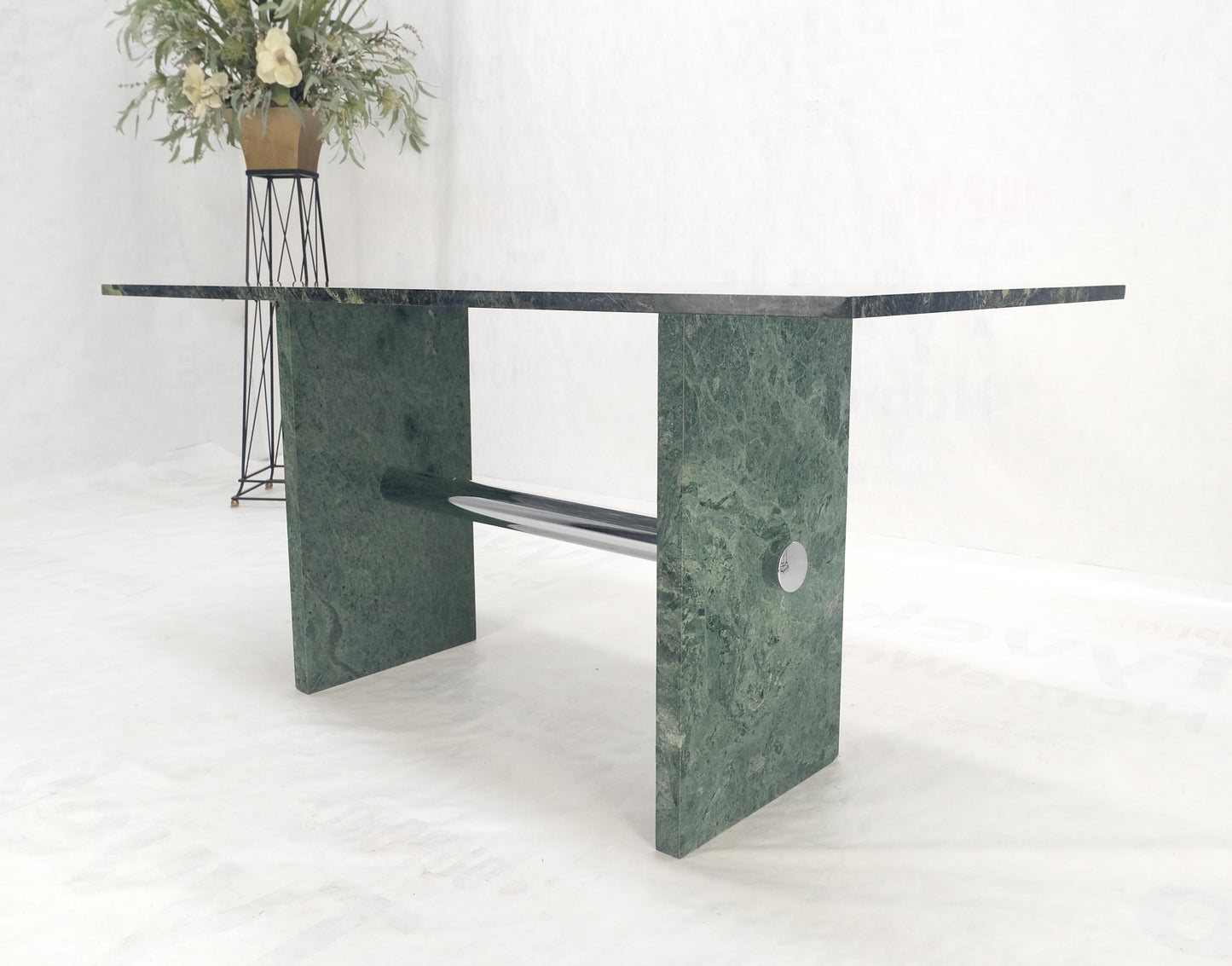 Green Rectangle Marble Top Cylinder Crome Stretcher Base Dining Table Desk MINT!