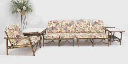 Vogue Rattan Bamboo c1970s Sofa Matching Chair Pair of End Tables 5 Pcs Set Mint