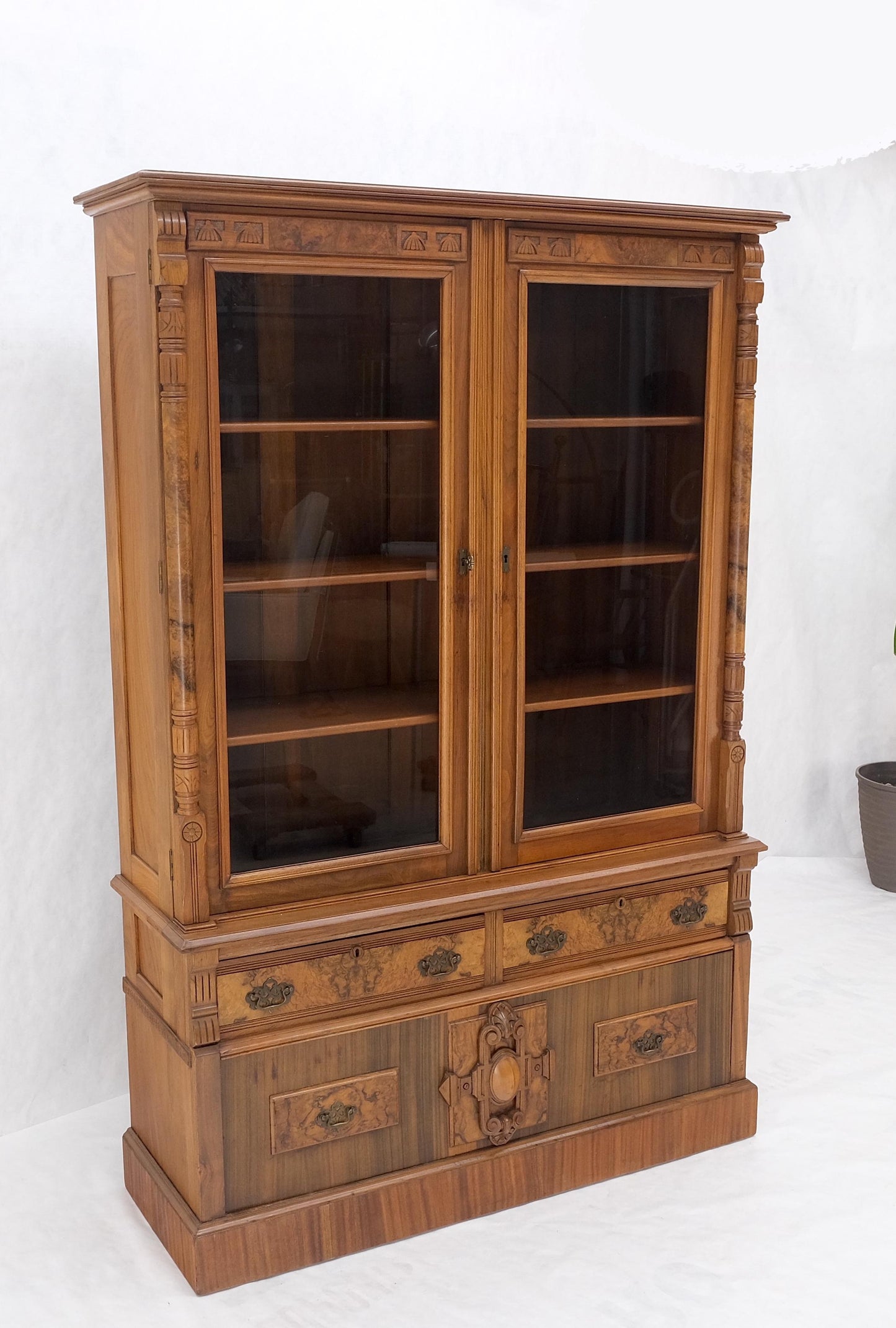 Burl Walnut Adjustable Shelves Two Doors One Drawer Antique Bookcase Cabinet