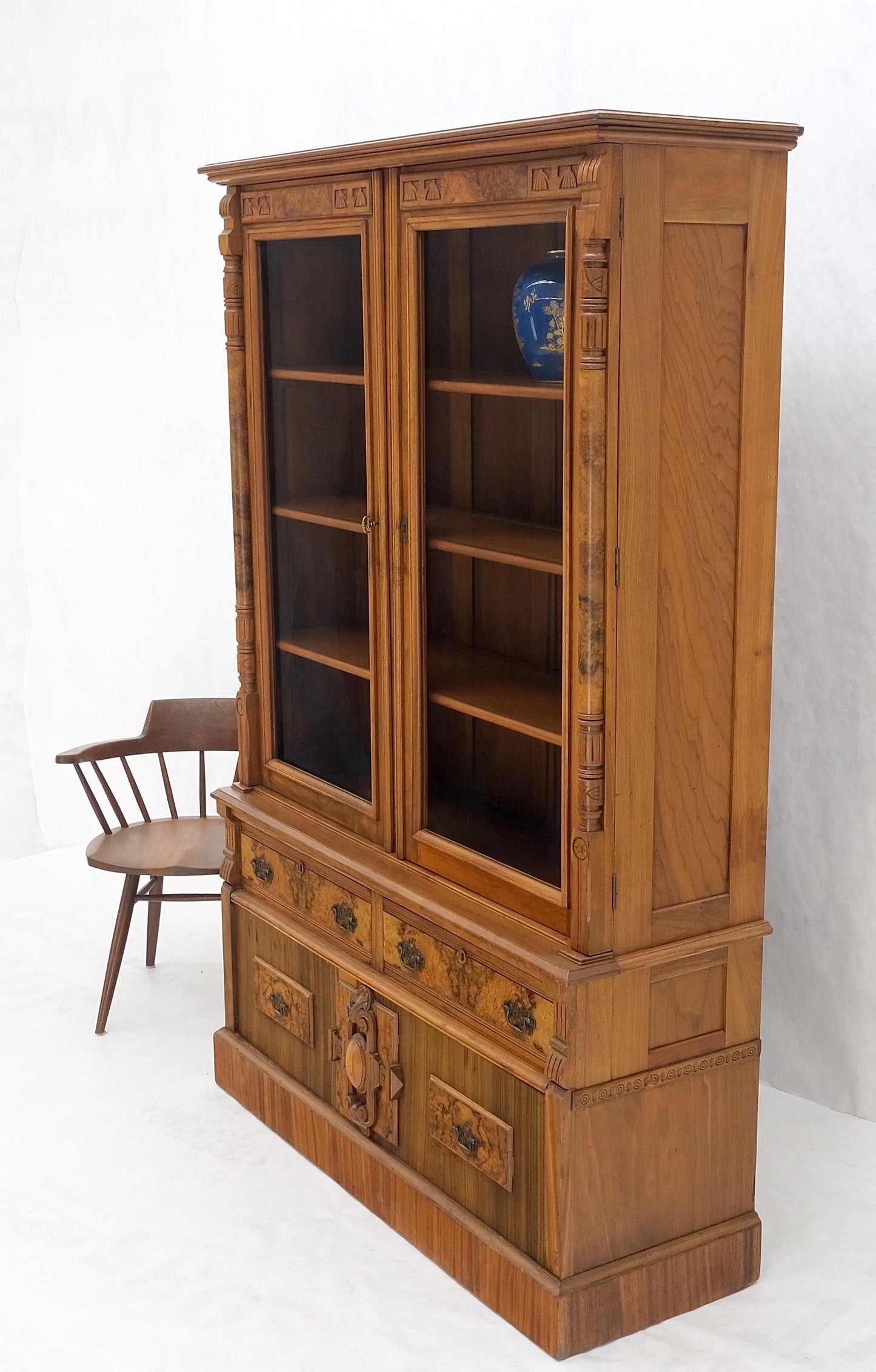 Burl Walnut Adjustable Shelves Two Doors One Drawer Antique Bookcase Cabinet