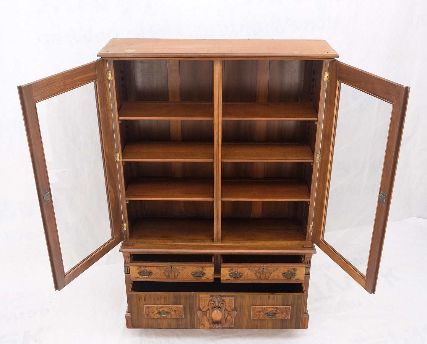 Burl Walnut Adjustable Shelves Two Doors One Drawer Antique Bookcase Cabinet