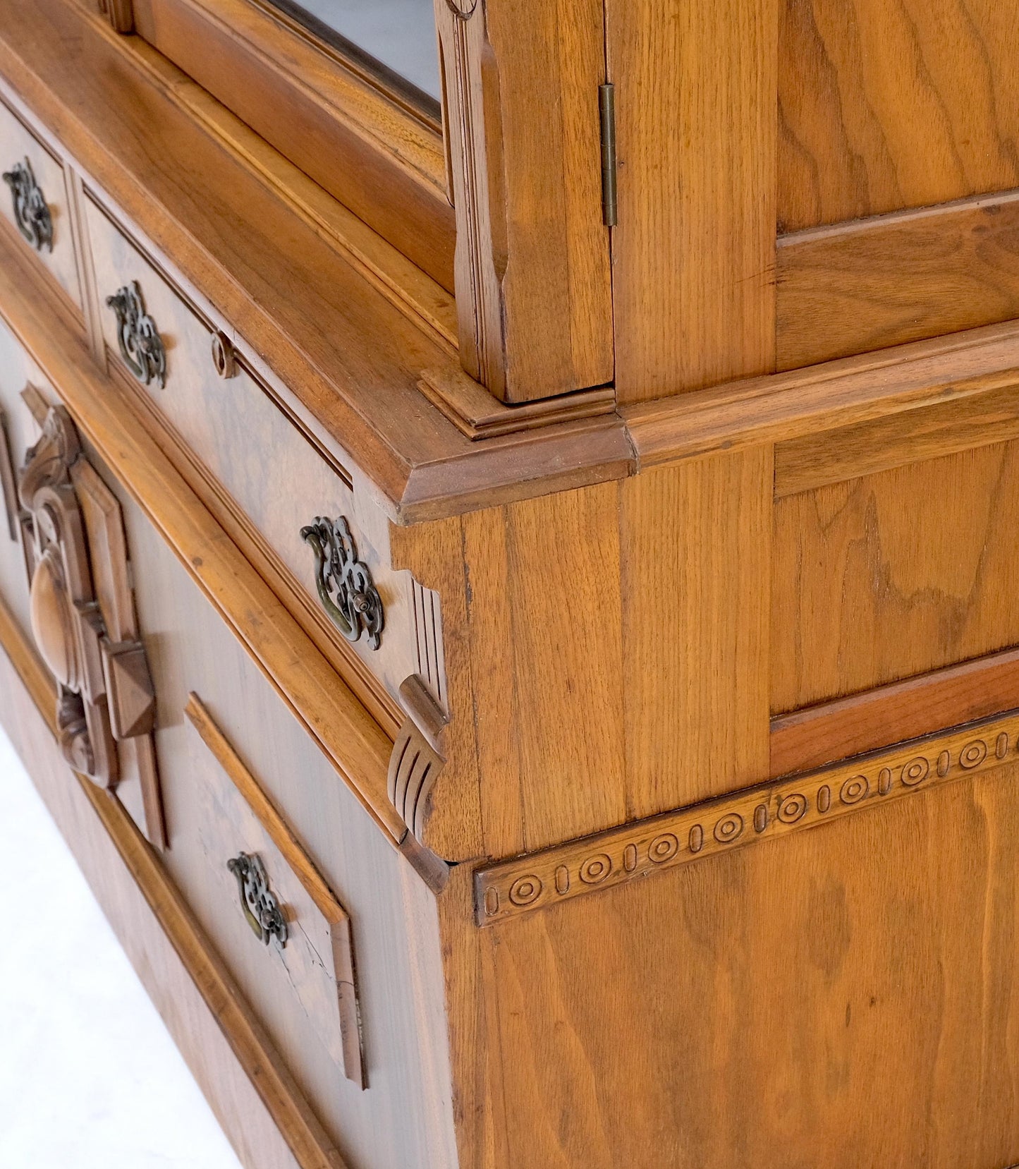 Burl Walnut Adjustable Shelves Two Doors One Drawer Antique Bookcase Cabinet