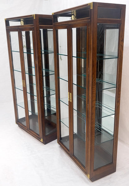 Pair Two Glass Doors Lighted Oak & Brass Glass Shelves Vitrines Display Cabinets