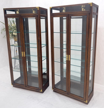 Pair Two Glass Doors Lighted Oak & Brass Glass Shelves Vitrines Display Cabinets