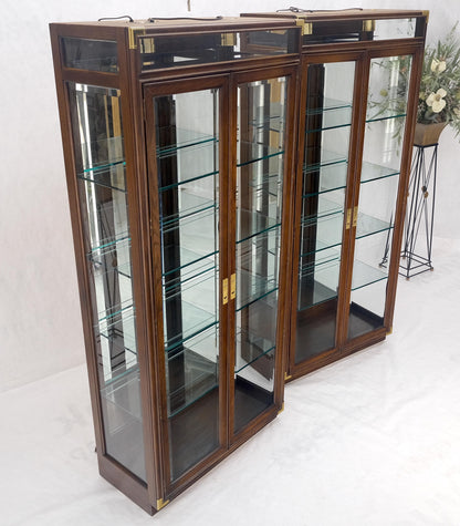 Pair Two Glass Doors Lighted Oak & Brass Glass Shelves Vitrines Display Cabinets