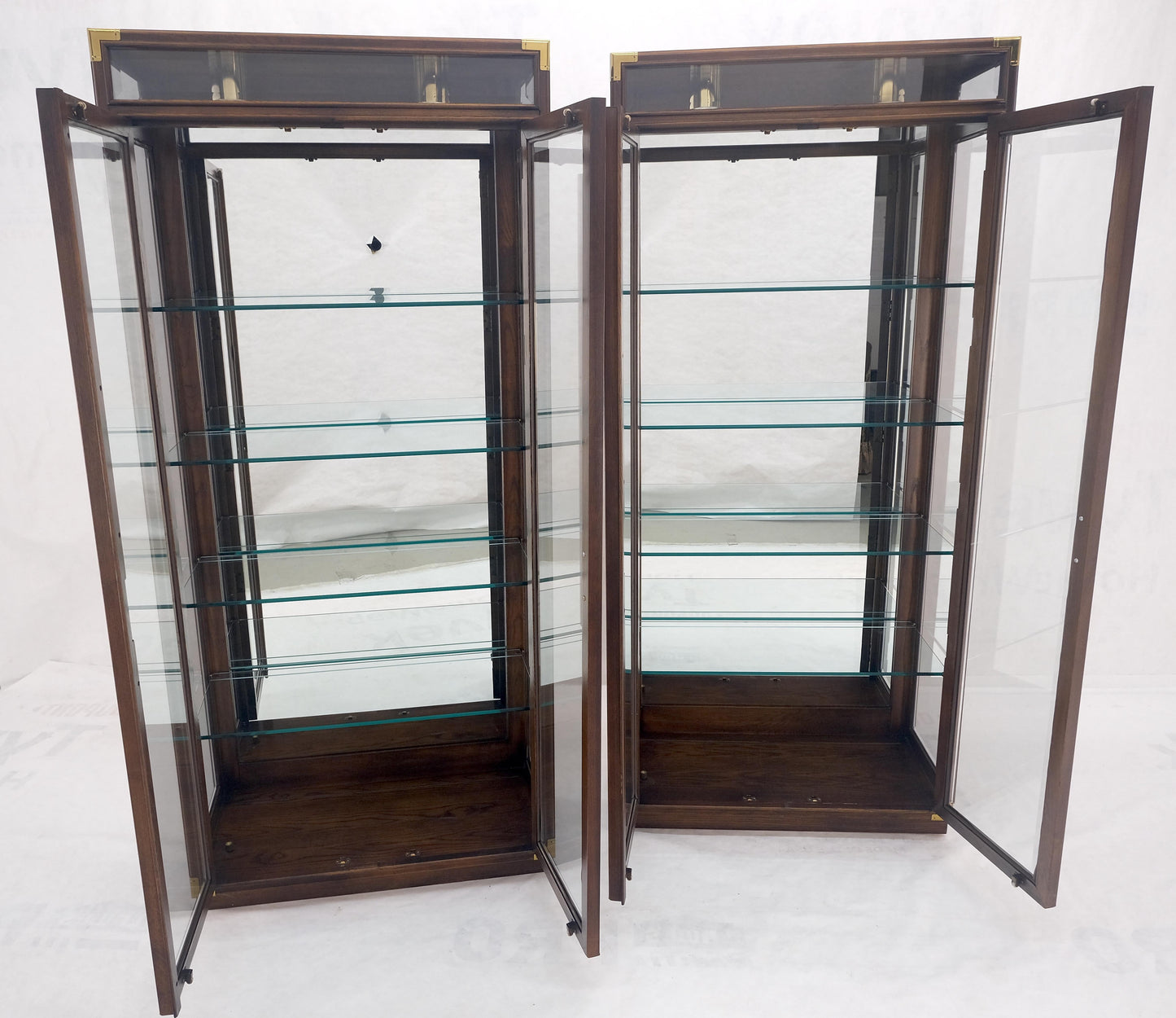 Pair Two Glass Doors Lighted Oak & Brass Glass Shelves Vitrines Display Cabinets