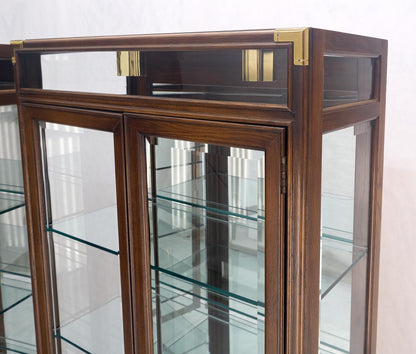 Pair Two Glass Doors Lighted Oak & Brass Glass Shelves Vitrines Display Cabinets