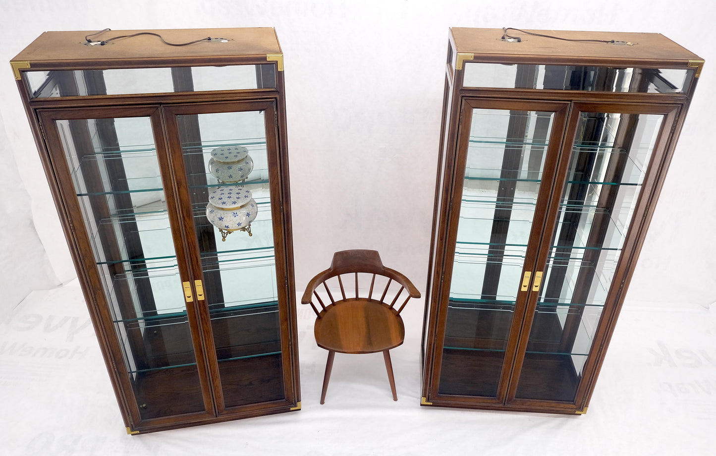 Pair Two Glass Doors Lighted Oak & Brass Glass Shelves Vitrines Display Cabinets