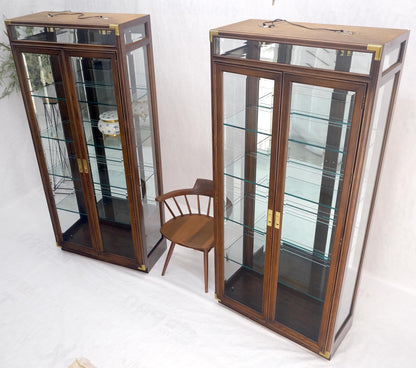 Pair Two Glass Doors Lighted Oak & Brass Glass Shelves Vitrines Display Cabinets