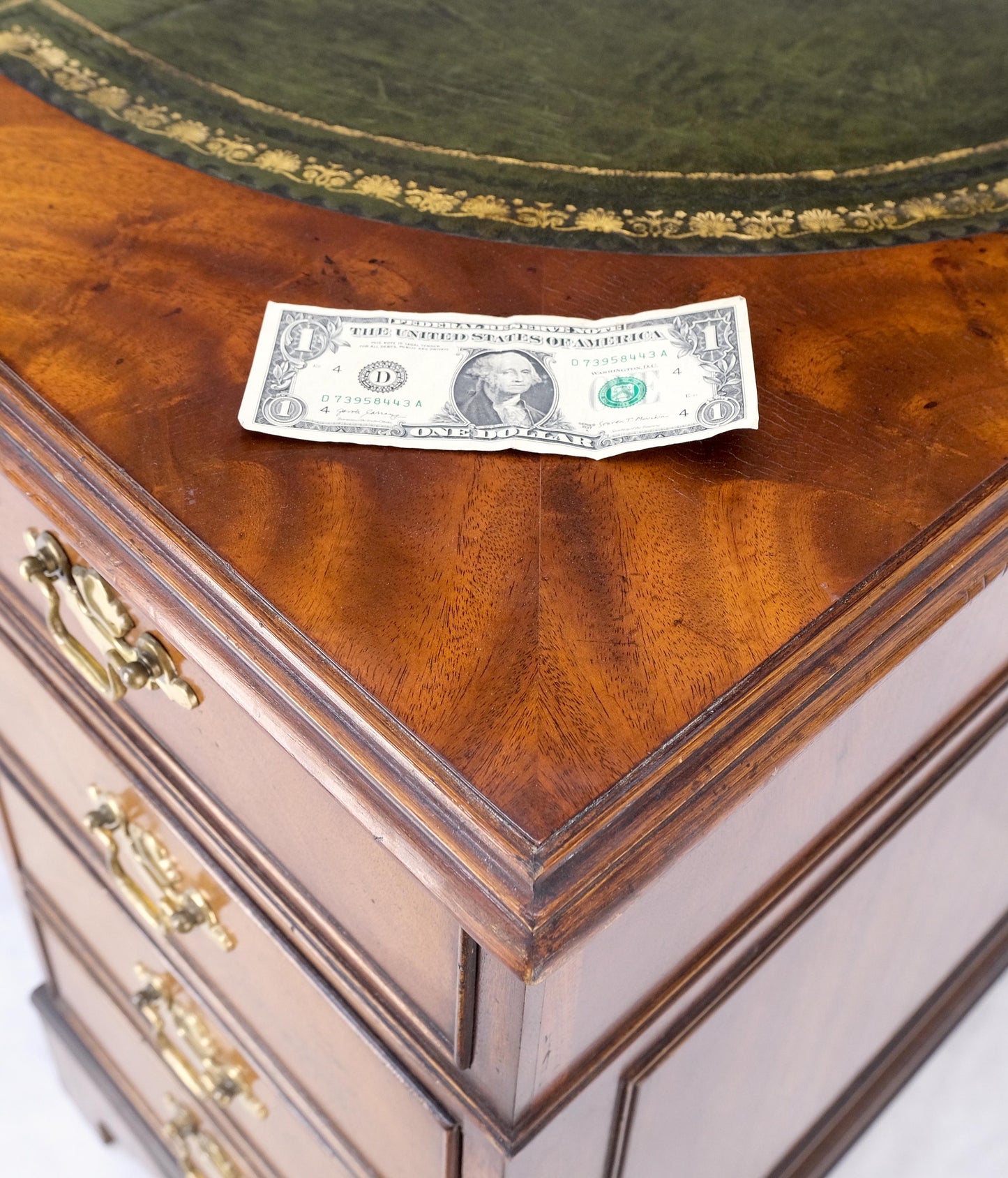 Large Embossed Green Leather Top Flame Mahogany Double Pedestal Federal Desk