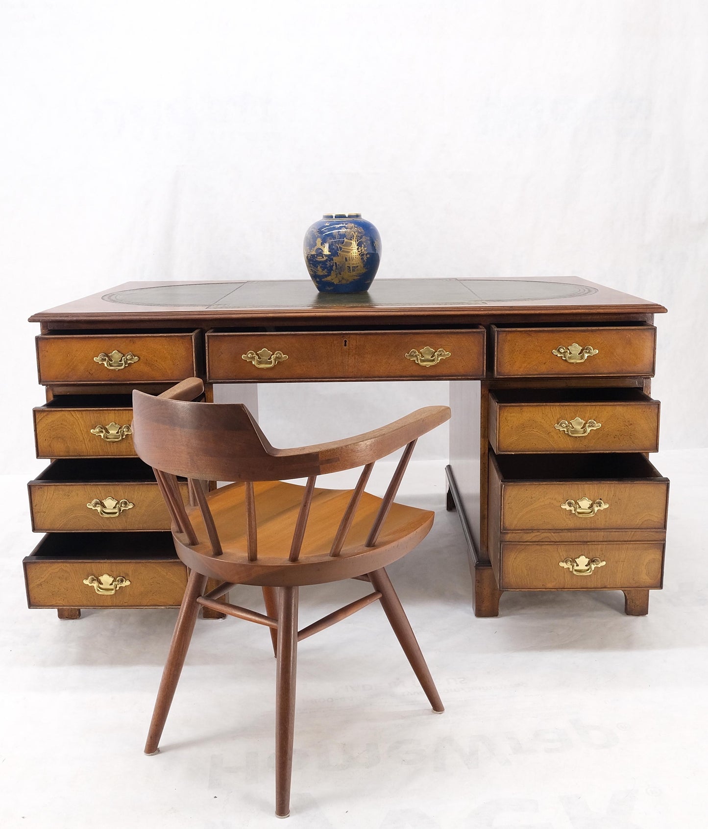 Large Embossed Green Leather Top Flame Mahogany Double Pedestal Federal Desk