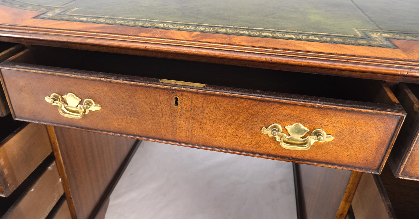 Large Embossed Green Leather Top Flame Mahogany Double Pedestal Federal Desk