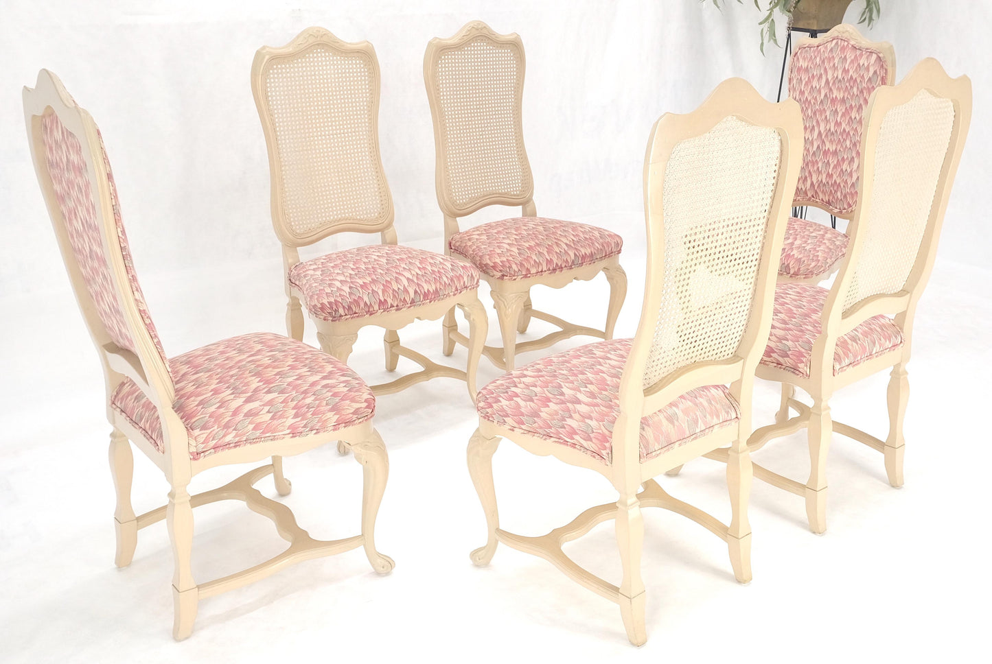 Set 6 Tall Back Thick Cream Lacquer Carved French  Dining Chairs Stretchers MINT