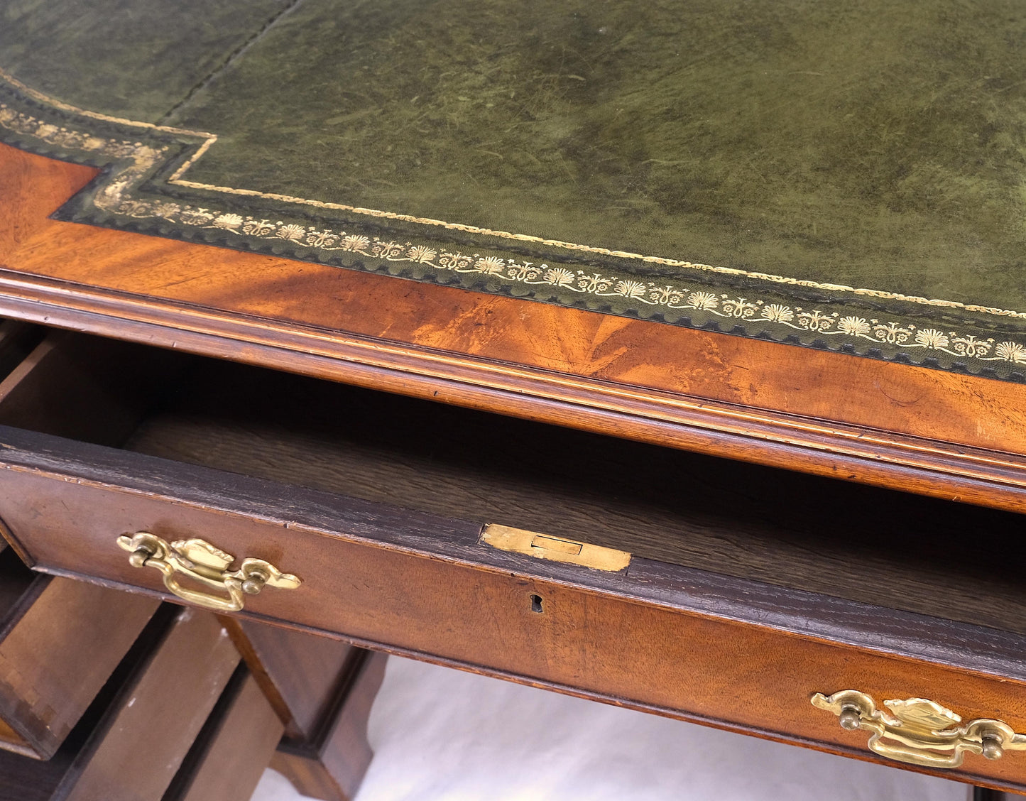 Large Embossed Green Leather Top Flame Mahogany Double Pedestal Federal Desk