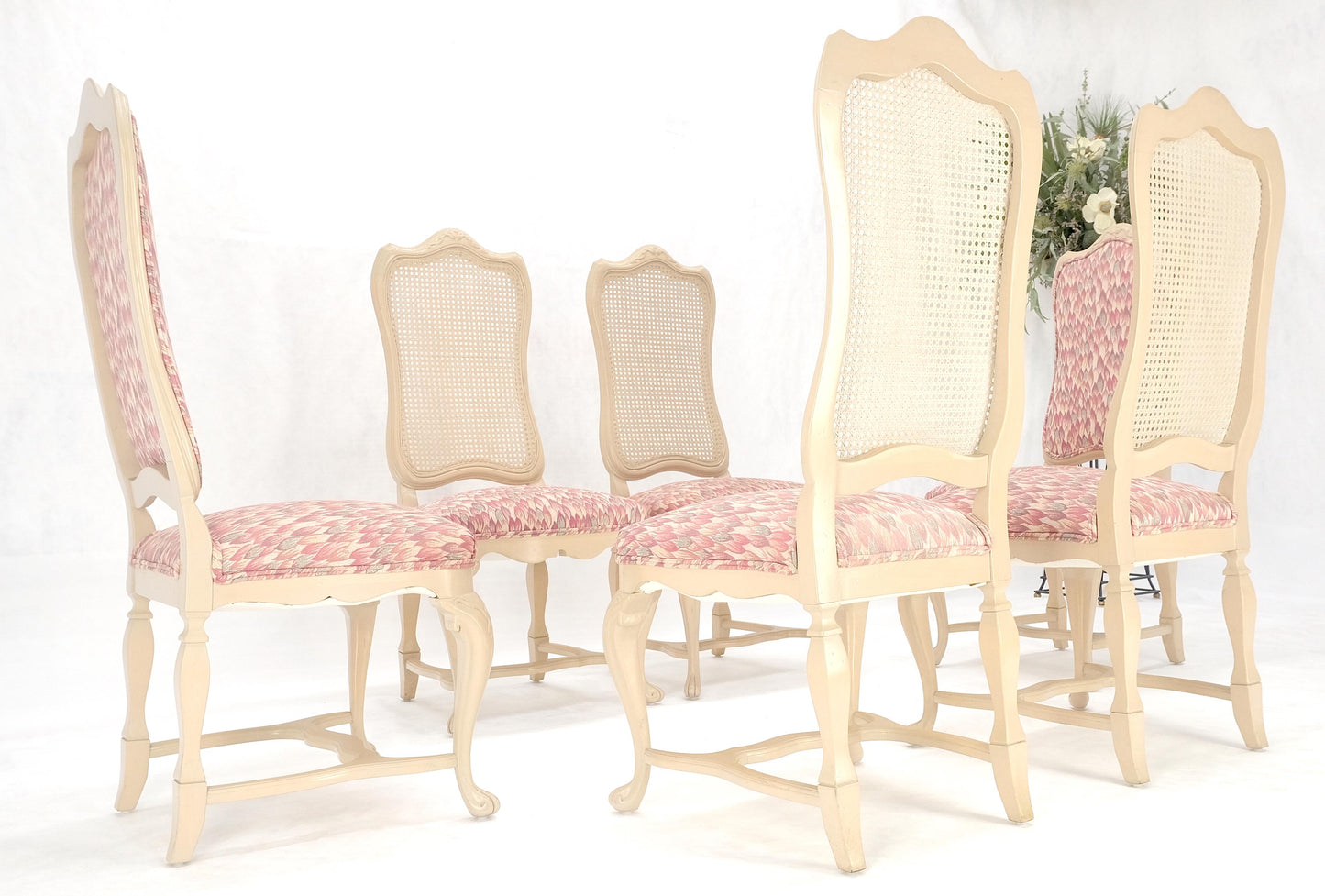 Set 6 Tall Back Thick Cream Lacquer Carved French  Dining Chairs Stretchers MINT