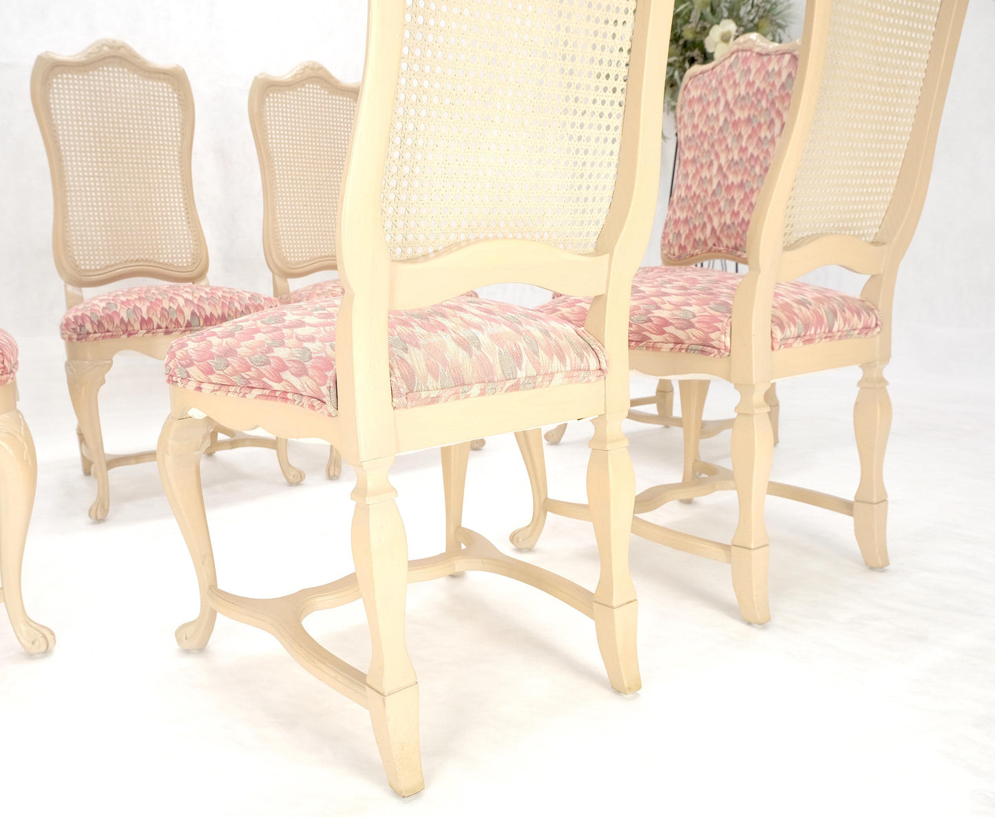 Set 6 Tall Back Thick Cream Lacquer Carved French  Dining Chairs Stretchers MINT