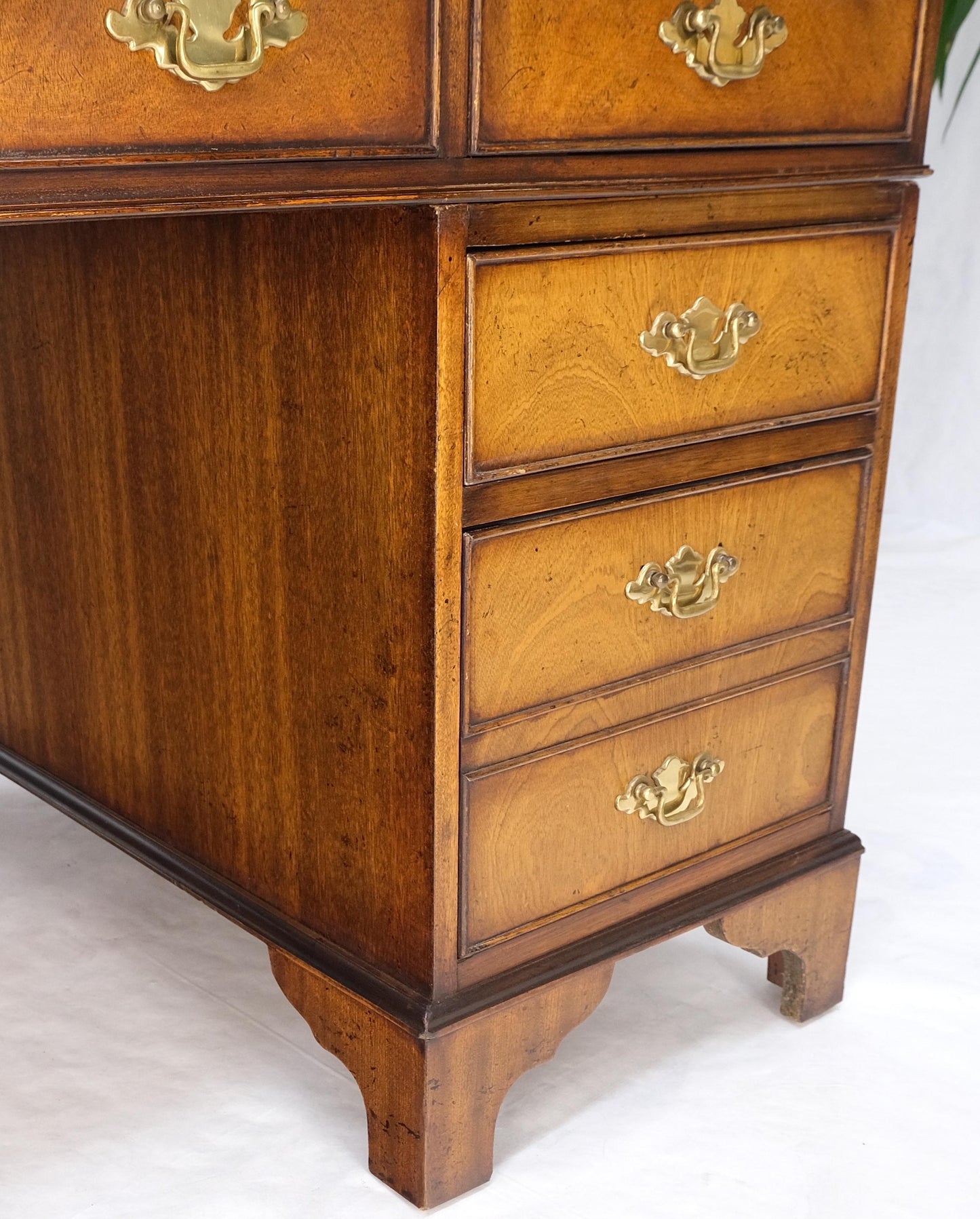 Large Embossed Green Leather Top Flame Mahogany Double Pedestal Federal Desk