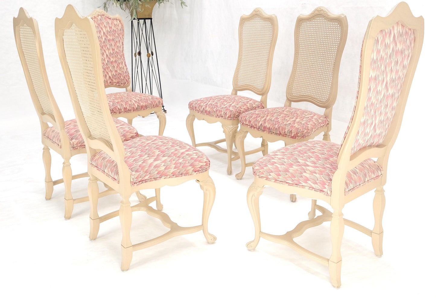 Set 6 Tall Back Thick Cream Lacquer Carved French  Dining Chairs Stretchers MINT