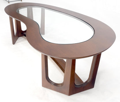 Oiled Walnut Boomerang Kidney Shape Glass Top Stretcher Base Coffee Table Mint!