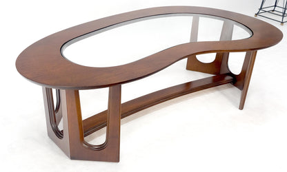 Oiled Walnut Boomerang Kidney Shape Glass Top Stretcher Base Coffee Table Mint!