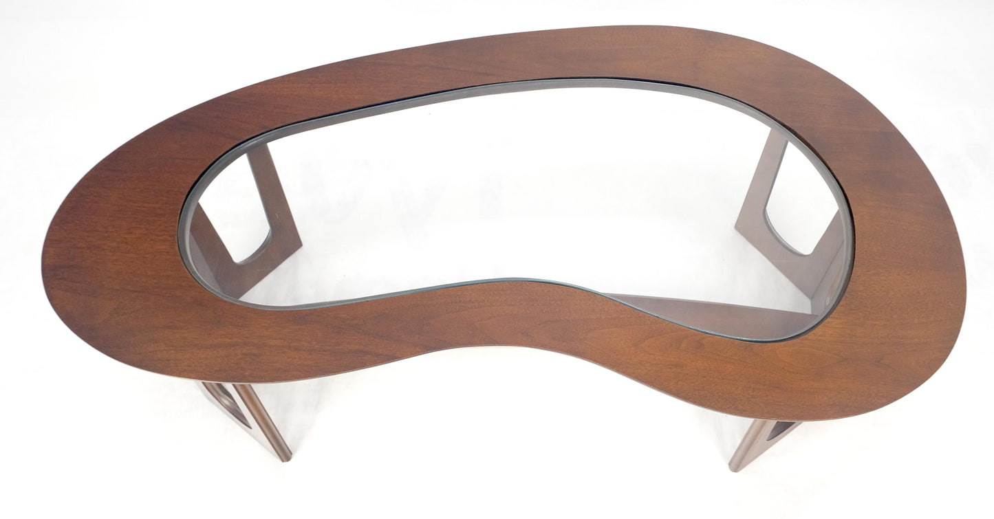 Oiled Walnut Boomerang Kidney Shape Glass Top Stretcher Base Coffee Table Mint!