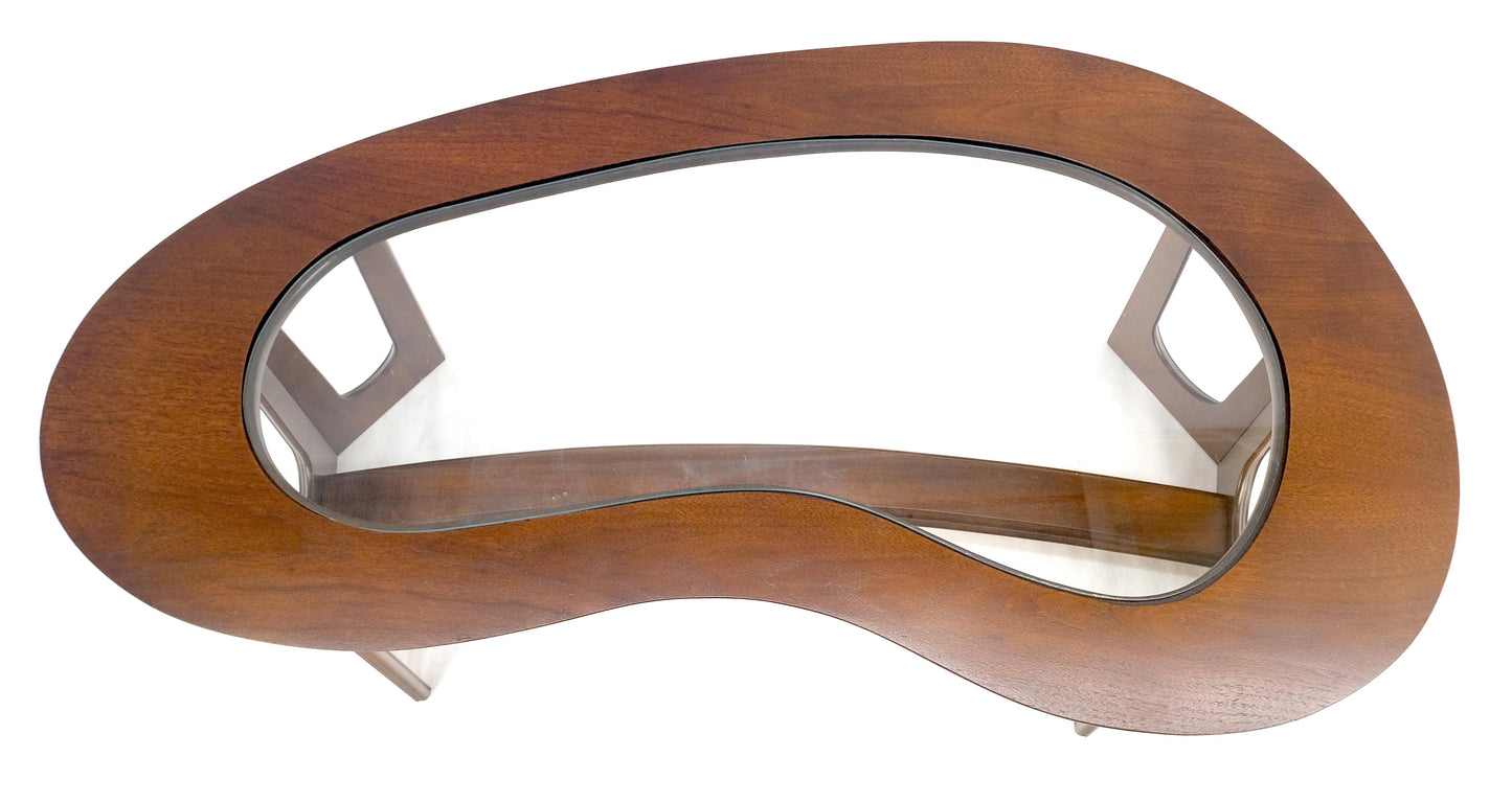 Oiled Walnut Boomerang Kidney Shape Glass Top Stretcher Base Coffee Table Mint!