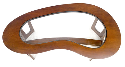 Oiled Walnut Boomerang Kidney Shape Glass Top Stretcher Base Coffee Table Mint!