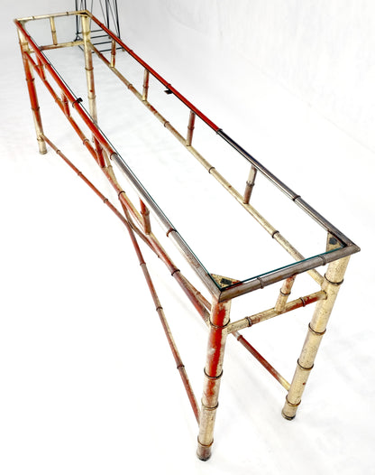 6' Faux Bamboo Metal Silver Gilt & Red Mid Century Modern Console Sofa Table